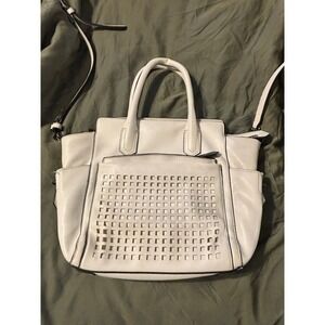 Reed Modern American Luxury White Laser Cut Satchel Crossbody Bag Blue Interior